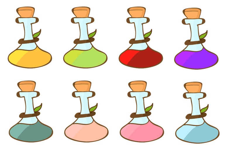 Two rows of different coloured test tubes