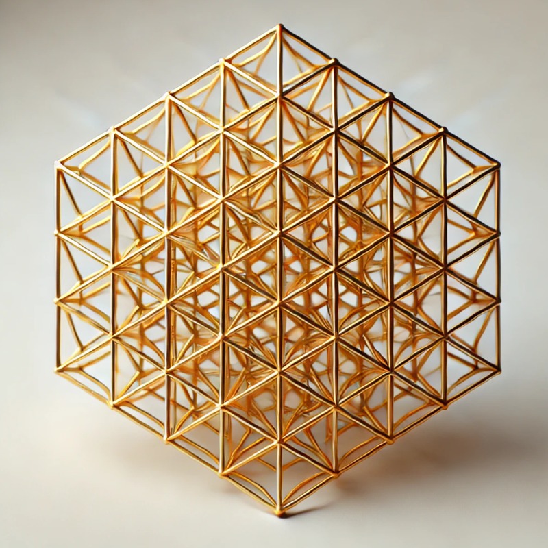An intricate 64 Tetrahedron grid rendered in gold on a clean white background. The geometric design is composed of interconnected tetrahedrons, forming a complex, elegant pattern that represents sacred geometry. The gold structure contrasts against the white backdrop, giving the image a sense of depth and radiance.
